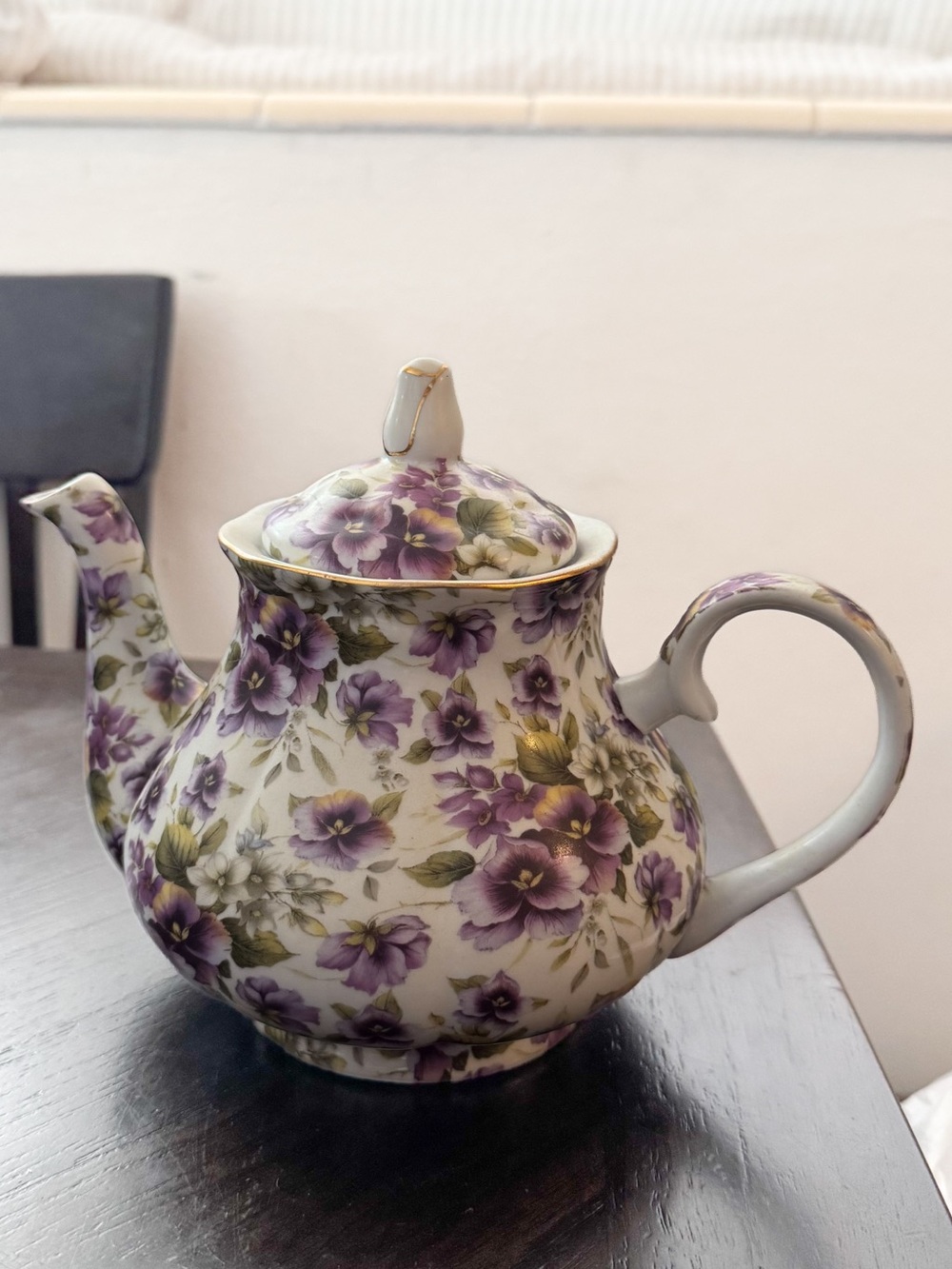 Floral Porcelain Teapot in Purple and Green with Gold Trim